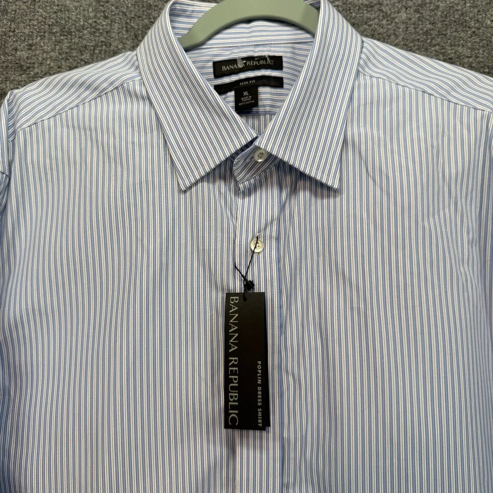 Banana Republic Dress Shirt Mens XL Blue Striped Slim Fit Poplin Button Down NEW